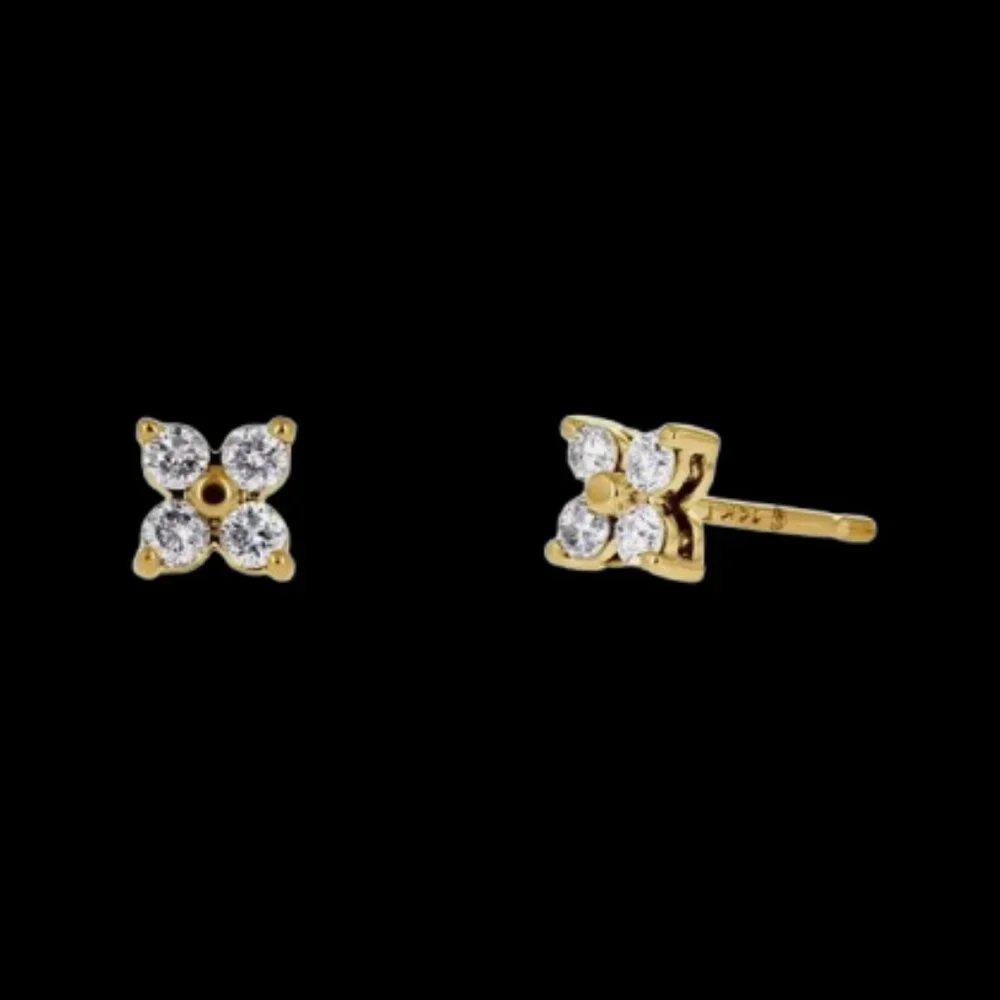 Dainty 14kt Solid Yellow Gold Flower CZ Stud Earrings